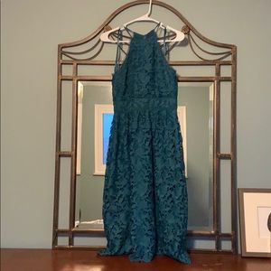 High neck green floral midi dress